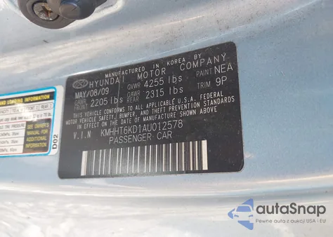 2010 Hyundai Genesis 2.0T z USA, uszkodzony, nr VIN KMHHT6KD1AU012578